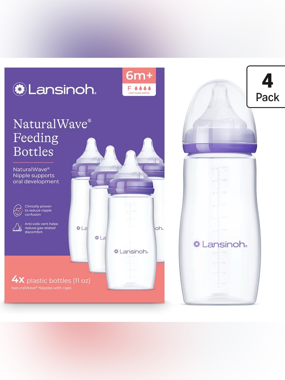 Lansinoh 4 Pack 11 oz Bottles with Fast Flow Nipples - New (no packaging)